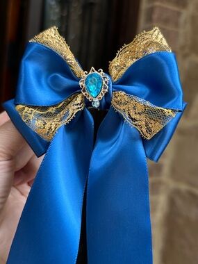 Purely Handmade Blue and Gold Lace Jewel Hair Bow - Women Accessories